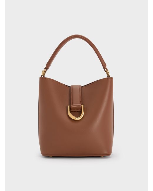 Charles & Keith Brown Gabine Leather Belted Bucket Bag