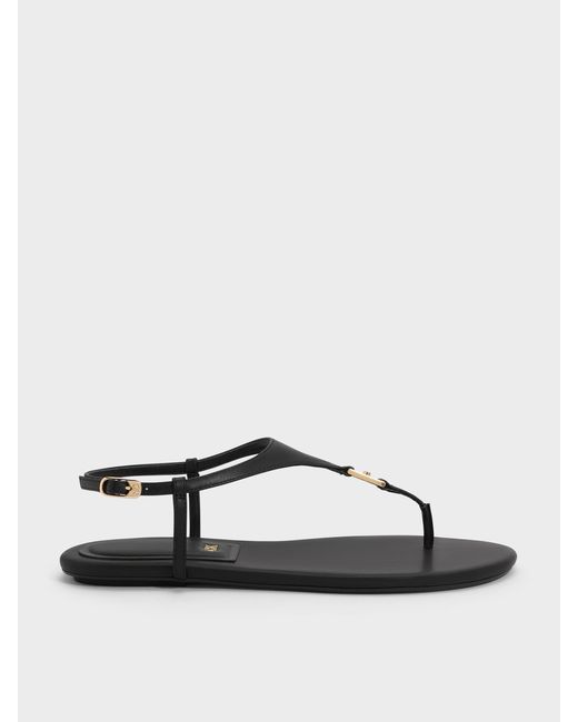 Charles & Keith Black Leather T-bar Thong Sandals