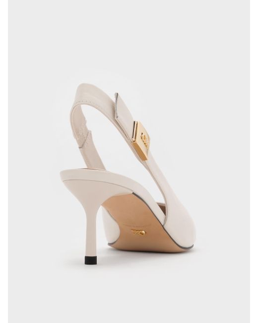 Charles & Keith White Cody Leather Pointed-Toe Kitten-Heel Slingback Pumps