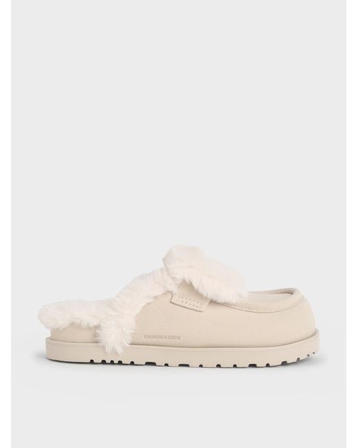 Charles & Keith Natural Textured Fur-Trim Flatform Mules