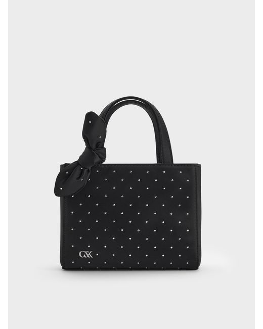 Charles & Keith Black Satin Studded Knot-Bow Mini Bag
