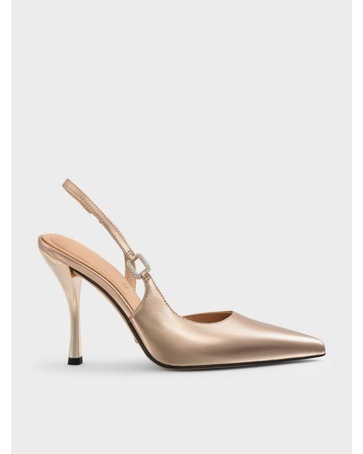 Charles & Keith White Metallic Leather Crystal-Buckle Slingback Pumps