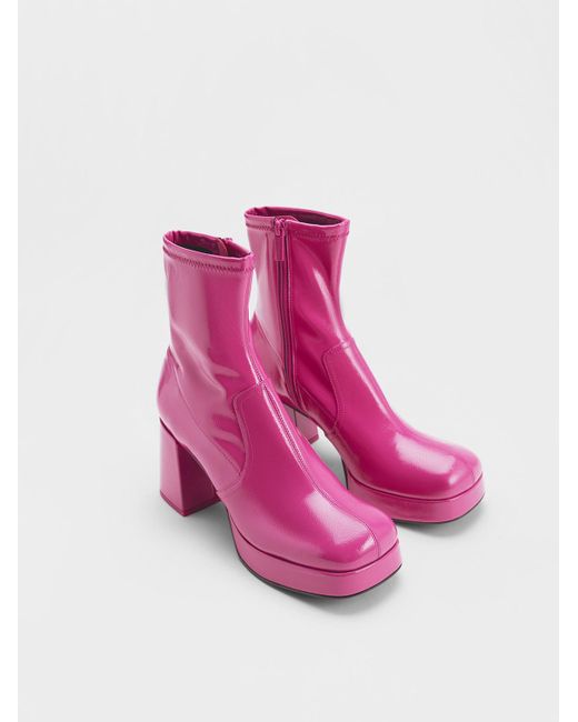 Charles & Keith Pink Patent Crinkle-effect Block-heel Boots