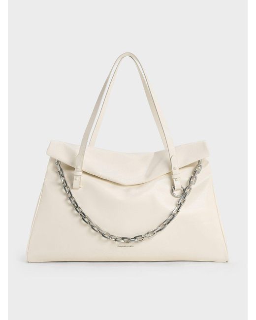 Charles & Keith Natural Andromeda Chunky-Chain Trapeze Tote Bag