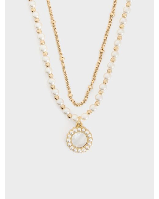 Charles & Keith White Pearl & Gemstone Double-Chain Necklace