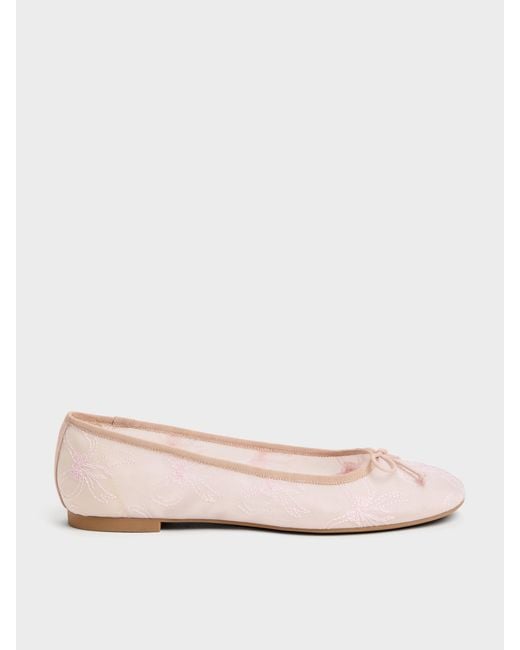 Charles & Keith Natural Embroidered-Mesh Bow Ballet Flats