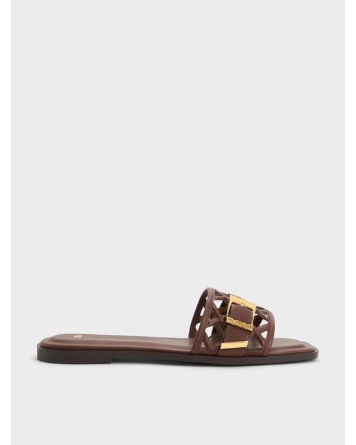 Charles & Keith Brown Whitney Leather Cut-Out Slide Sandals