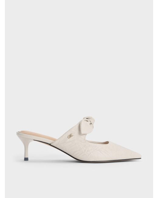 Charles & Keith White Jayce Crinkle-Effect Leather Knot-Bow Kitten-Heel Mules