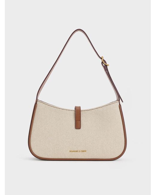 Charles & Keith Natural Cesia Canvas Metallic Accent Shoulder Bag