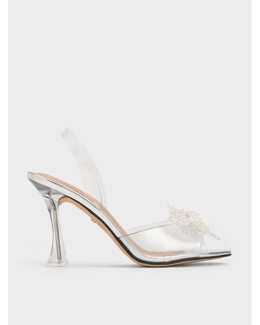 Charles & Keith White See-through Beaded Bow Slingback Pumps