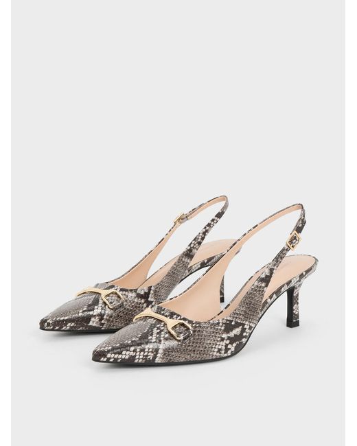 Charles & Keith White Snake-print Metallic-accent Slingback Pumps