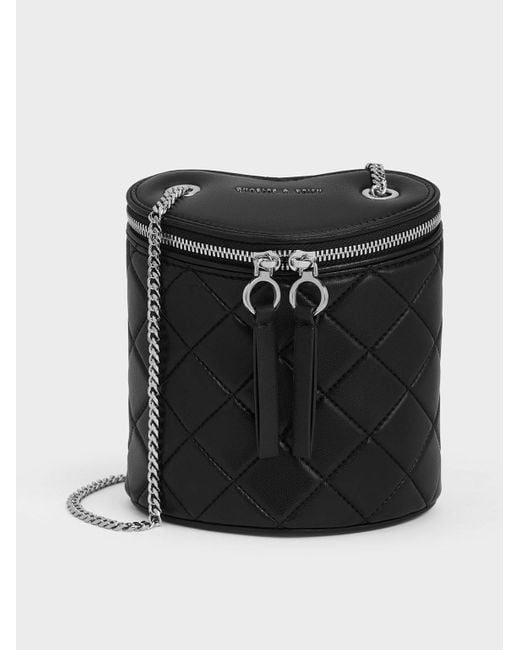 Charles & Keith Black Philomena Quilted Heart Cylindrical Bag