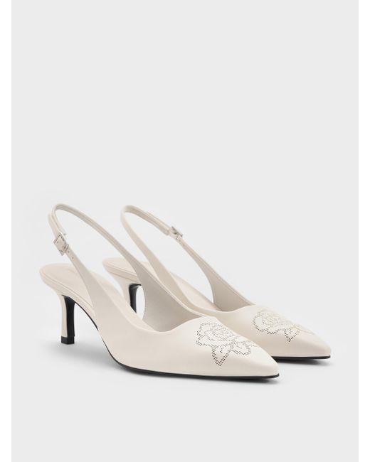 Charles & Keith Natural Perforated Rose Pointed-Toe Kitten-Heel Slingback Pumps
