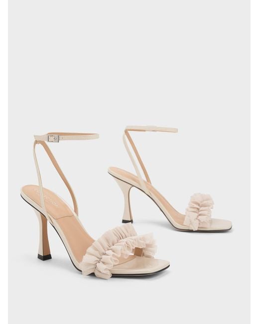 Charles & Keith White Patent Leather Ruffled Mesh Heeled Sandals