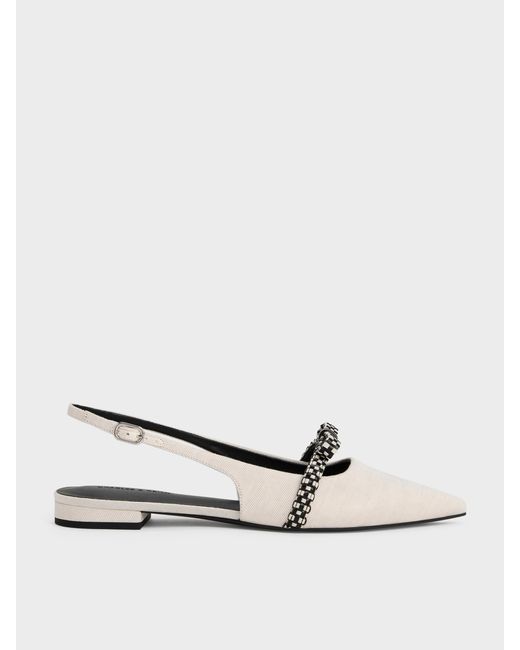 Charles & Keith White Kaleen Linen Woven-bow Slingback Flats