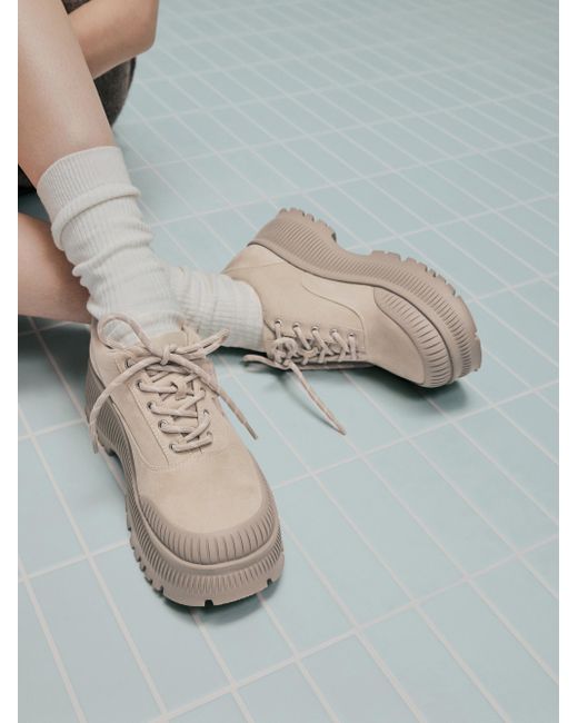 Charles & Keith Natural Darra Faux Suede Ridged-Sole Platform Sneakers