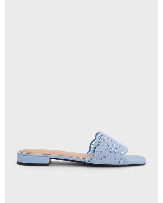 Charles & Keith Blue Leather Embroidered Slide Sandals