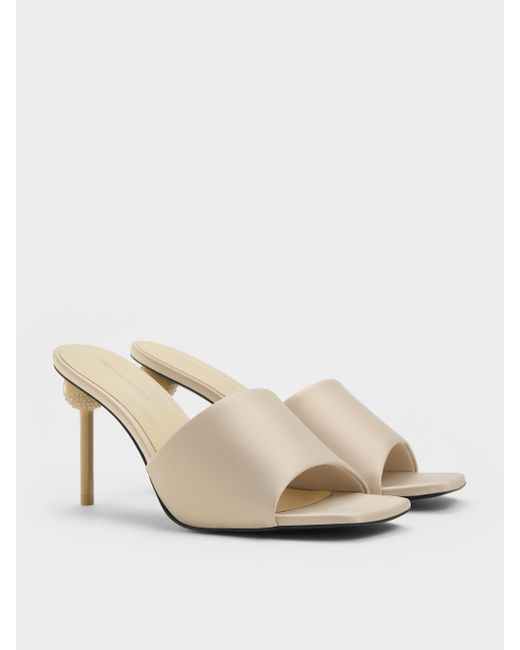 Charles & Keith Natural Satin Crystal-Embellished Ball-Heel Mules