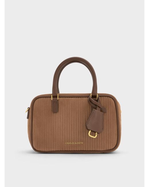 Charles & Keith Brown Mini Sianna Corduroy Bowling Bag