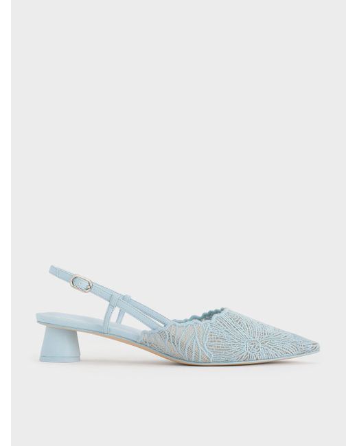 Charles & Keith Blue Crochet Floral Pointed-Toe Slingback Pumps