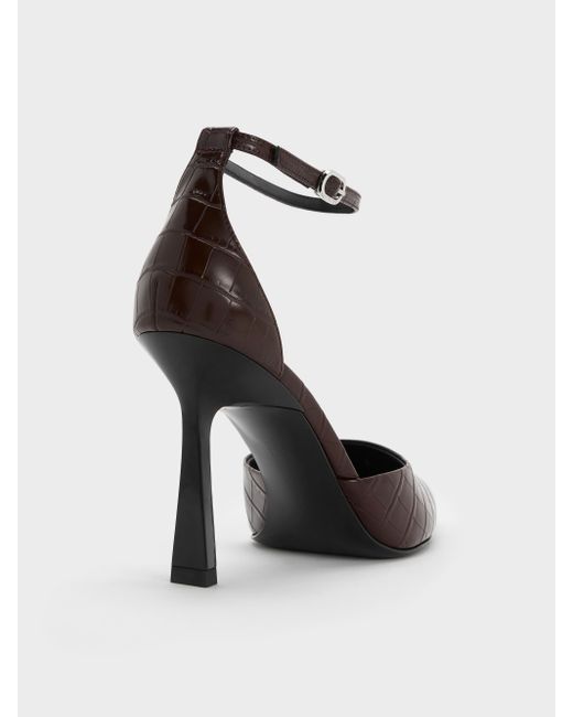 Charles & Keith White Croc-Effect Pointed-Toe Ankle-Strap D'Orsay Pumps