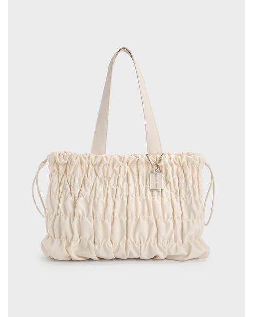 Charles & Keith Natural Klio Nylon Ruched Tote Bag