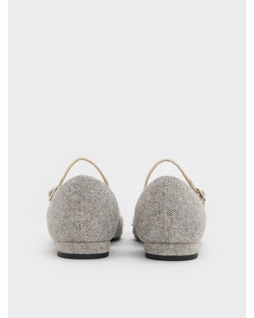 Charles & Keith White Twill Bead-Flower Pointed-Toe D'Orsay Mary Jane Flats