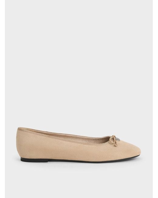 Charles & Keith Natural Faux Suede Bow Ballet Flats