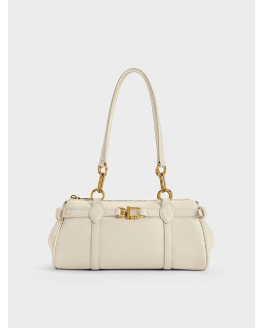 Charles & Keith Natural Gwynne Metallic-accent Elongated Shoulder Bag