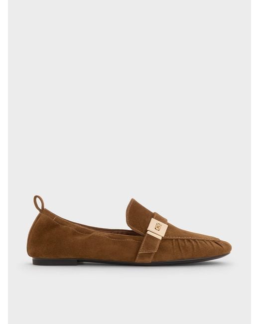Charles & Keith Brown Cody Suede Ruched Loafers
