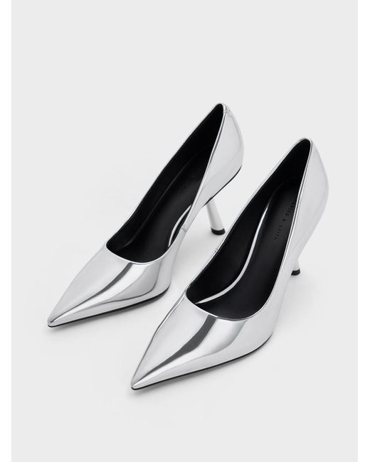 Charles & Keith White Metallic Slant-heel Pointed-toe Pumps