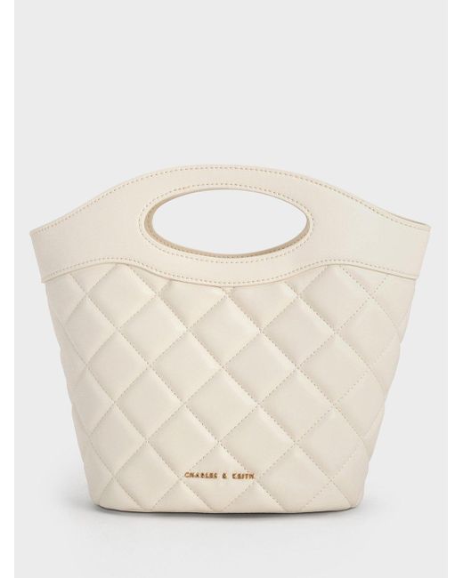 Charles & Keith Natural Quilted Chain-link Curved-handle Bucket Bag