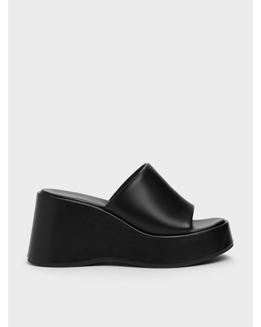 Charles & Keith Black Wide-Strap Platform Wedges