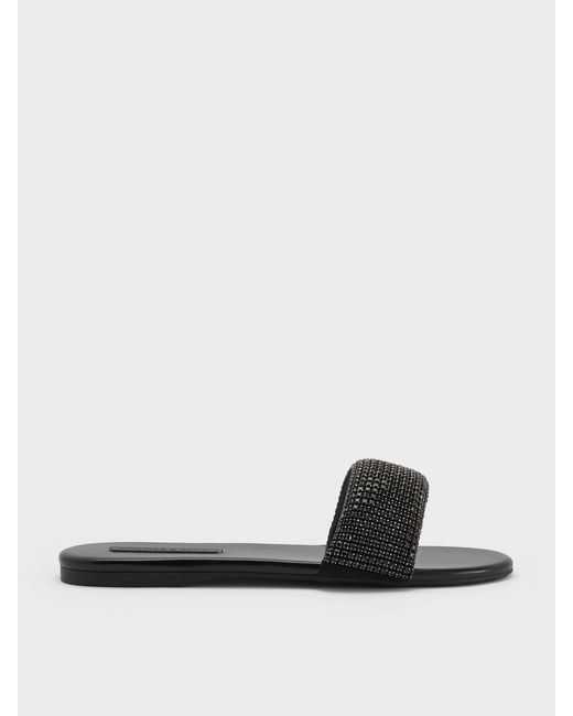 Charles & Keith White Faux Suede Crystal Slide Sandals