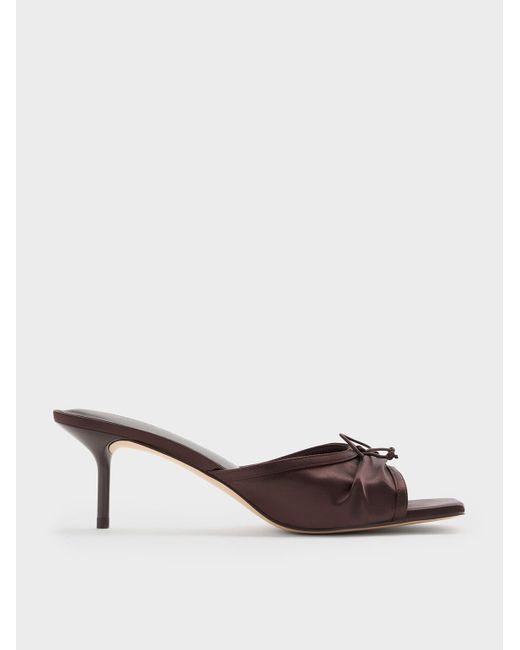 Charles & Keith Brown Satin Ruched Bow Heeled Mules