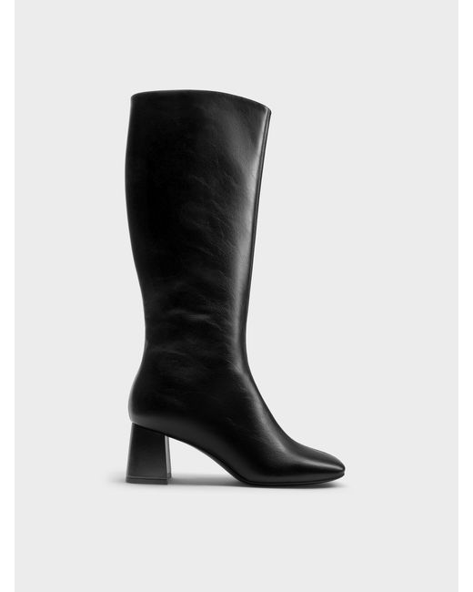 Charles & Keith Black Square-Toe Knee-High Boots