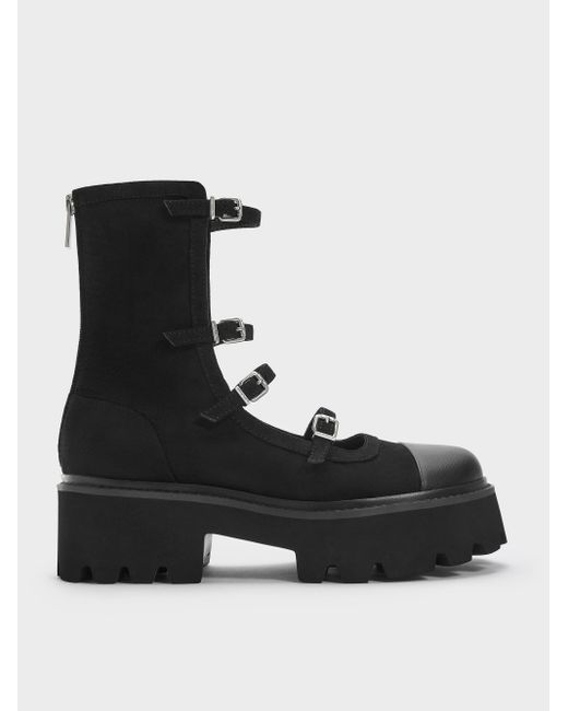 Charles & Keith Black Celia Faux Suede Multi-Strap Calf Boots