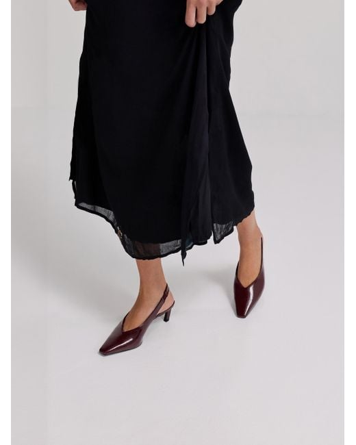 Charles & Keith Brown Patent Tapered Square-Toe Slingback Kitten Heels