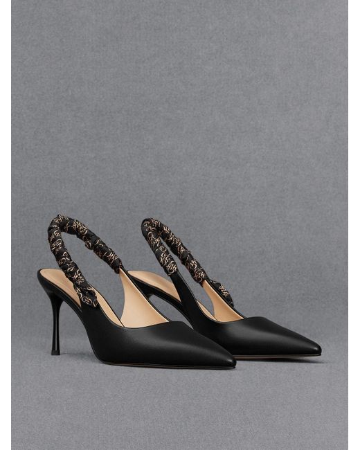 Charles & Keith Black Leather Ruched Print Slingback Pumps