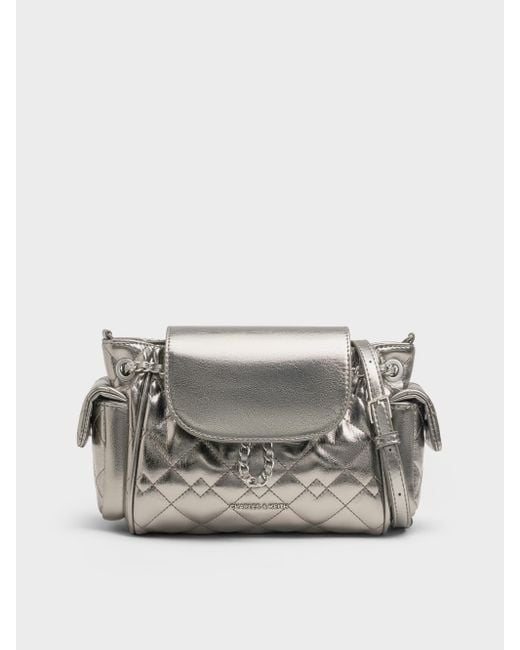 Charles & Keith Duo Quilted Two-Way Front Flap Backpack in Grey