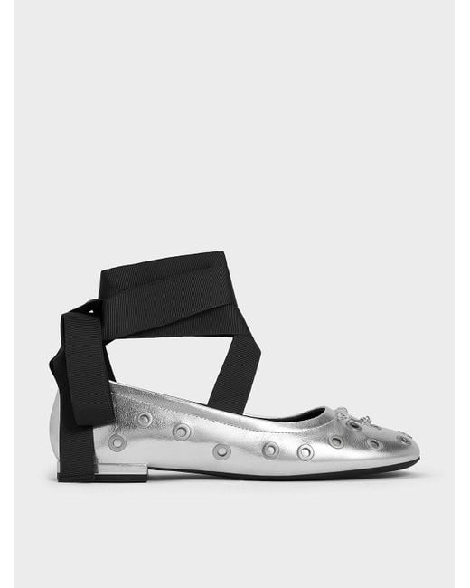 Charles & Keith Black Margot Metallic Grommet Tie-Around Ballet Flats