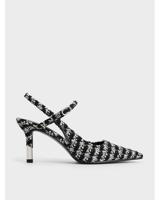 Charles & Keith White Tweed Two-tone Heel Slingback Pumps