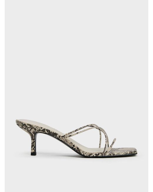 Charles & Keith White Snake-Print Strappy Heeled Sandals