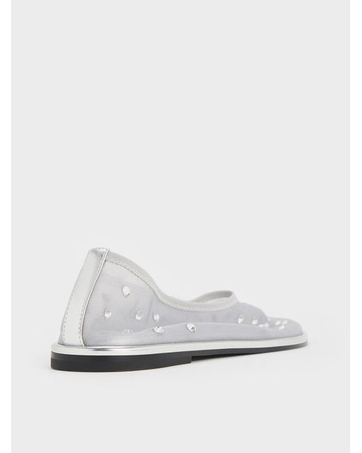 Charles & Keith White Mesh Gem-Embellished Ballet Flats