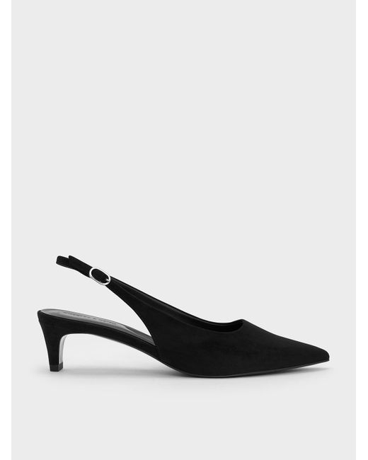 Charles & Keith Black Faux Suede Pointed-Toe Kitten-Heel Slingback Pumps