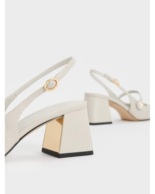 Charles & Keith Natural Pearl Embellished Trapeze-heel Slingback Pumps