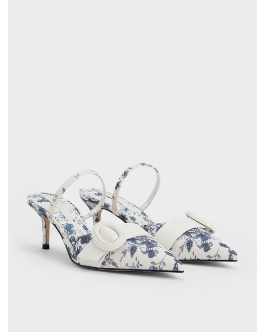 Charles & Keith White Oval-buckle Floral-print Pointed-toe Mules