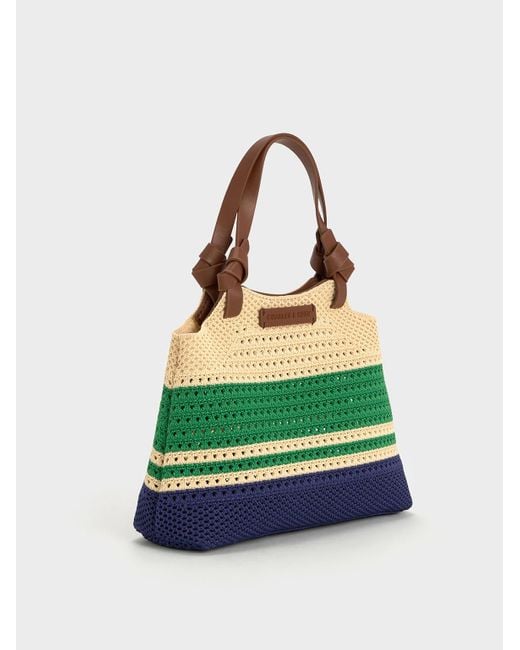 Charles & Keith Green Ida Striped Knotted Handle Tote Bag