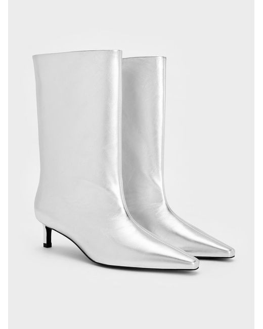 Charles & Keith White Metallic Elongated Tapered-Toe Kitten-Heel Calf Boots