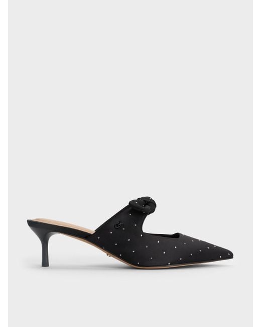 Charles & Keith White Jayce Dotted Knot-Bow Kitten-Heel Mules